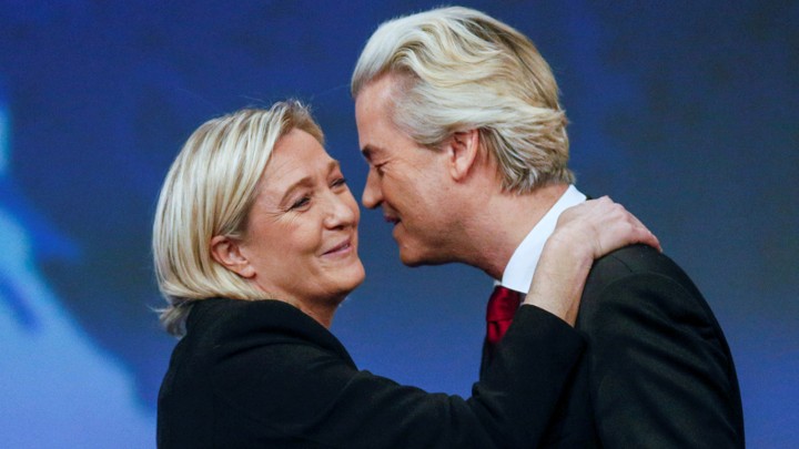 Marine Le Pen, head of France's National Front, greets Geert Wilders, president of the Netherlands’s Party for Freedom in Lyon, France, on November 29, 2014.
