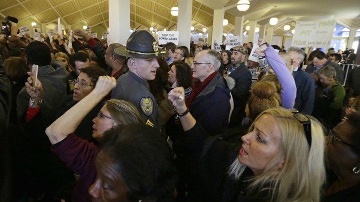 Protestors demonstrate against the North Carolina General Assembly on Thursday.