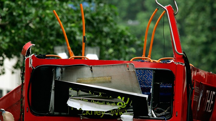 The remnants of a double-decker bus in London after the suicide bombing on July 7, 2005
