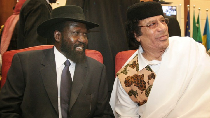 Salva Kiir chats with Libyan president Mohammed Gadaffi in 2006.