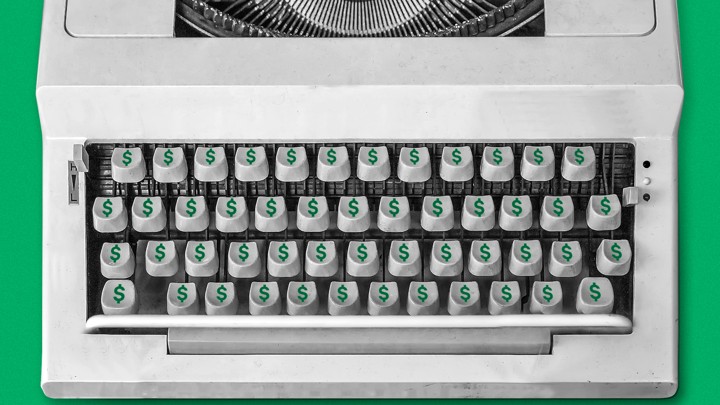A typewriter where every key has a dollar sign ($) on it.
