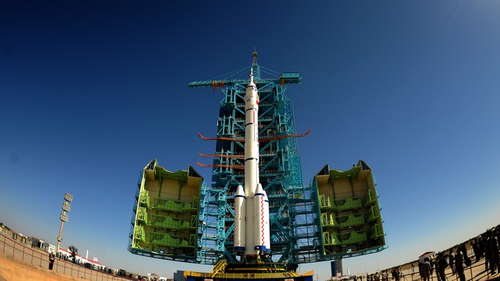 China's Long March rocket carrying the crewed spacecraft Shenzhou-11 at the launch center in Jiuquan, China, on October 10, 2016.