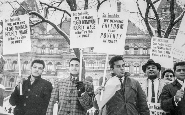 Workers picket the New York State Capitol in Albany for a raise in the minimum wage in 1963.