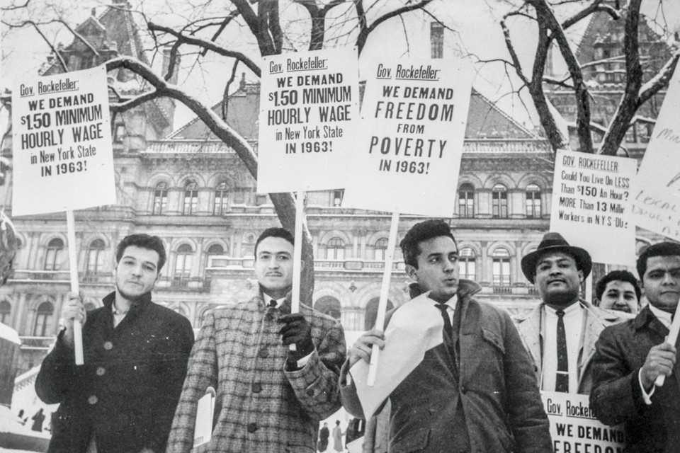 Workers picket the New York State Capitol in Albany for a raise in the minimum wage in 1963.