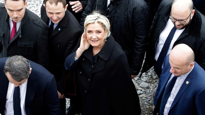 Marine Le Pen, the National Front presidential candidate, walks on the beach in Nice, France, on February 13, 2017.