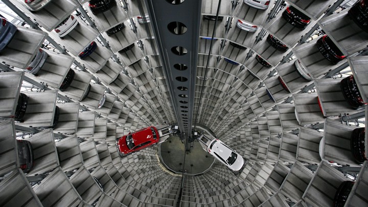 Cars are parked in a huge tower in the the Autostadt visitor attraction in Wolfsburg, Germany.
