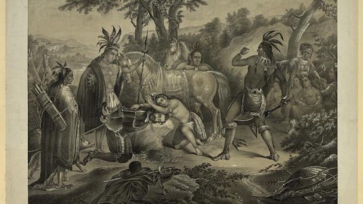 A print showing Captain John Smith, head on stone, with Pocahontas leaning over him, preventing Opechancanough from striking him with a metal weapon.