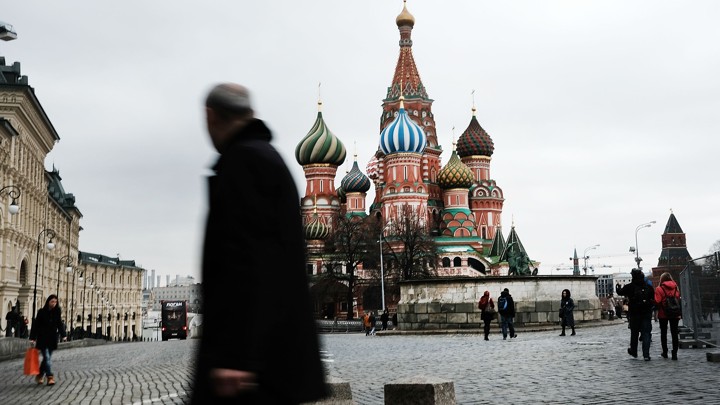 Pedestrians walk through Red Square on March 3, 2017 in Moscow, Russia.