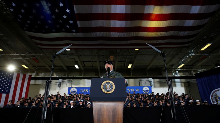 Trump delivers remarks aboard the pre-commissioned U.S. Navy aircraft carrier Gerald R. Ford.