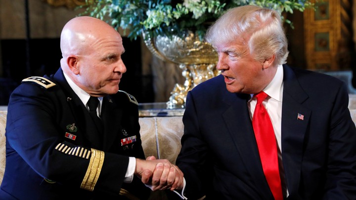President Donald Trump shakes hands with his new National Security Adviser Army Lieutenant General H.R. McMaster.