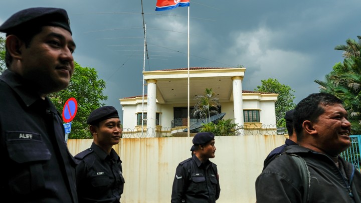 Malaysian Police officers in front of the North Korea embassy, following the murder of Kim Jong Nam, in Kuala Lumpur, Malaysia.