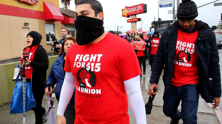Fast-food workers protest President Trump's nomination of Andrew Puzder for Labor Secretary. (Puzder later withdrew.)