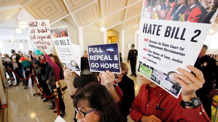 Demonstrator protest against H.B. 2 at the North Carolina General Assembly in December.