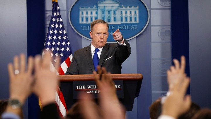 Sean Spicer holds a briefing at the White House in Washington.