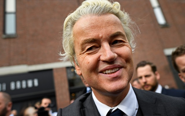 Dutch far-right politician Geert Wilders of the PVV party smiles during a recent rally in the Netherlands.
