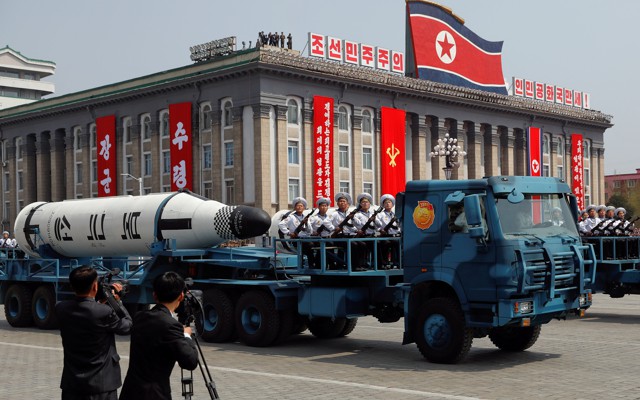 A North Korean navy truck carries a submarine-launched ballistic missile (SLBM) during a military parade marking the 105th birth anniversary of country's founding father, Kim Il Sung in Pyongyang, on April 15, 2017. 