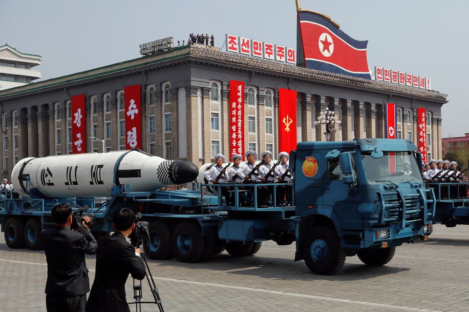 A North Korean navy truck carries a submarine-launched ballistic missile (SLBM) during a military parade marking the 105th birth anniversary of country's founding father, Kim Il Sung in Pyongyang, on April 15, 2017. 
