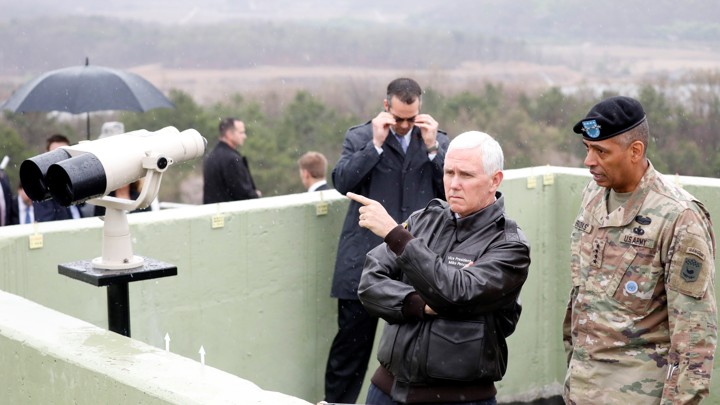 Vice President Mike Pence looks toward the north from an observation post inside the demilitarized zone separating the two Koreas, in Paju, South Korea.