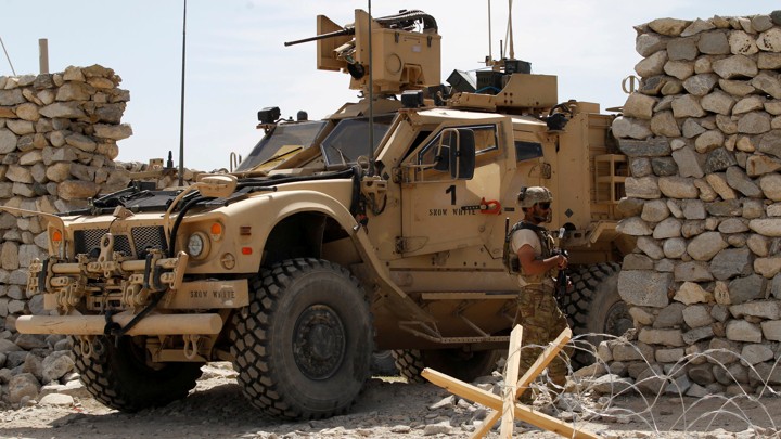 A U.S. soldier stands guard in the Achin district of Nangarhar province in eastern Afghanistan on April 15, 2017.