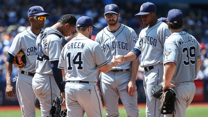 A group of San Diego Padres players stand at the pitchers' mound.