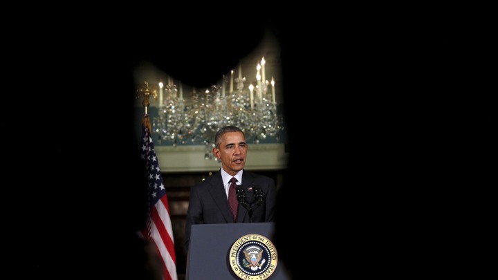 President Barack Obama delivers a statement after meeting with the National Security Council at the State Department in Washington on February 25, 2016.