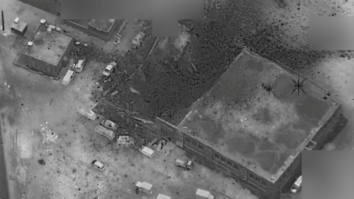 The photograph shows a site struck by the U.S. on March 16 that the Pentagon said was the scene of an al-Qaeda meeting in al-Jinah, Syria.