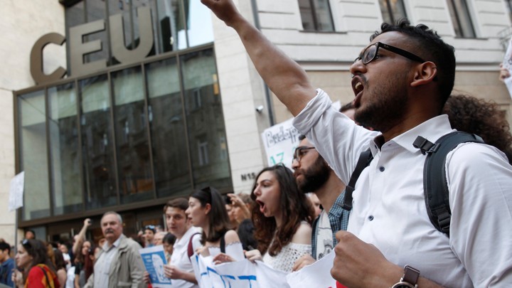 A demonstration against Prime Minister Viktor Orban's efforts to force a George Soros-founded university out of the country in Budapest, Hungary on April 2, 2017.