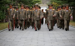 Military officers visit Friday the birthplace of Kim Il Sung, a day before his 105th birth anniversary in Mangyongdae, just outside Pyongyang.
