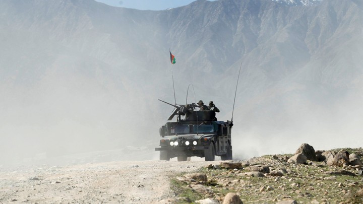 An Afghan special forces vehicle patrols near the Achin district of Nangarhar province in eastern Afghanistan on April 14, 2017.