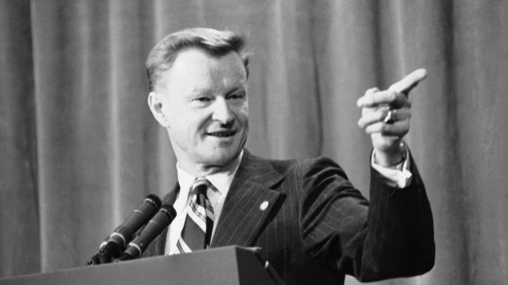 Zbigniew Brzezinski, then in his late 40s, briefs reporters on Middle East talks between President Carter and Syrian President Hafez Assad in Geneva, Switzerland on May 9, 1977. He died yesterday at age 89.