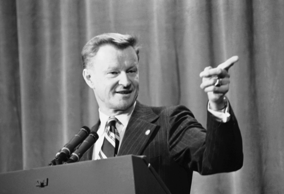Zbigniew Brzezinski, then in his late 40s, briefs reporters on Middle East talks between President Carter and Syrian President Hafez Assad in Geneva, Switzerland on May 9, 1977. He died yesterday at age 89.