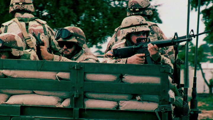 American UN soldiers patrol in southern Mogadishu, Somalia, in October of 1993.