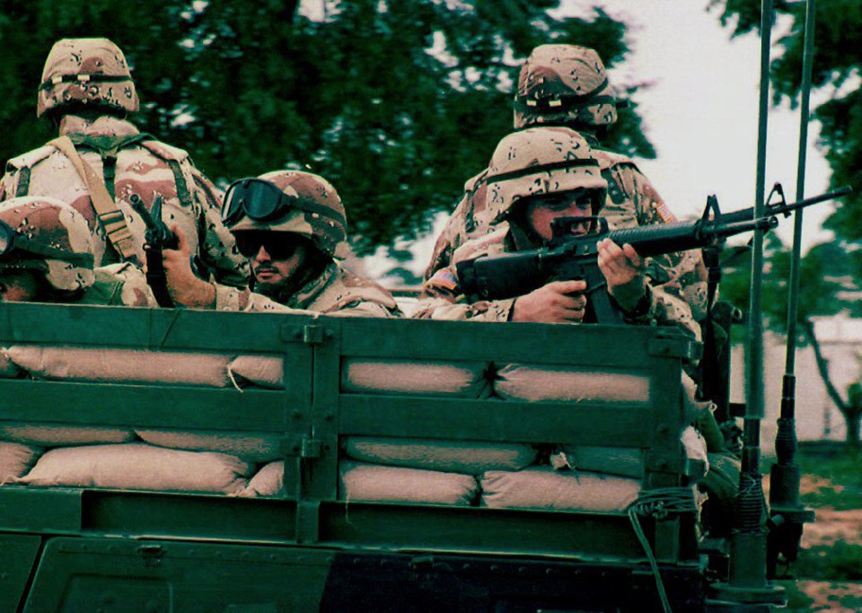 American UN soldiers patrol in southern Mogadishu, Somalia, in October of 1993.