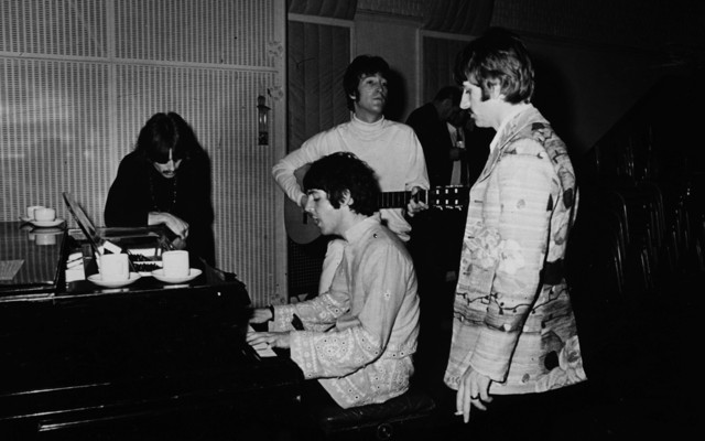 The Beatles during a recording session at EMI Studios, Abbey Road, London, in 1967. From Left: George Harrison, Paul McCartney, John Lennon, and Ringo Starr.