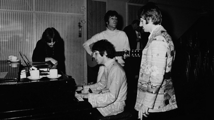 The Beatles during a recording session at EMI Studios, Abbey Road, London, in 1967. From Left: George Harrison, Paul McCartney, John Lennon, and Ringo Starr.