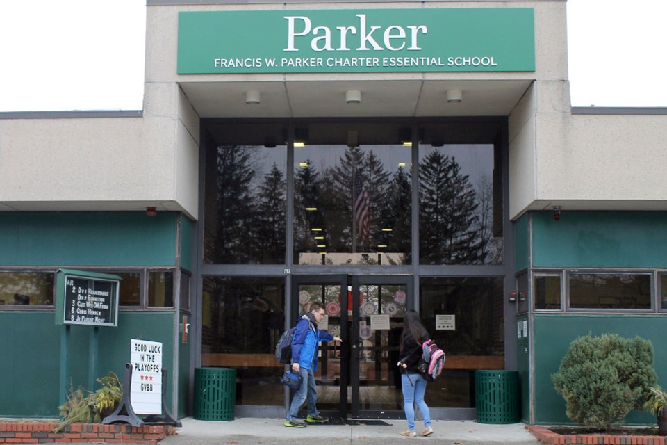 Two students walk into Francis W. Parker Essential School