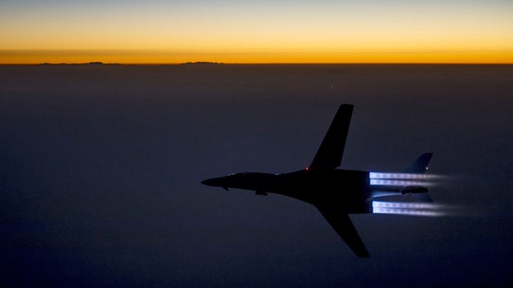 A U.S. Air Force B-1B Lancer supersonic bomber flies over northern Iraq after conducting air strikes in Syria against ISIS targets on September 27, 2014.