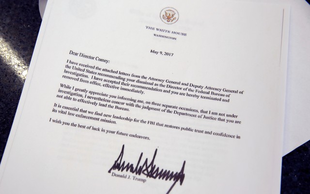 A copy of the letter by President Trump firing FBI Director James Comey on May 9, 2017.