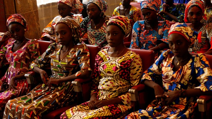 Some of the 21 Chibok schoolgirls released by Boko Haram look on during their visit to meet President.