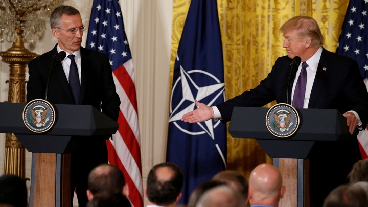 President Donald Trump and NATO Secretary General Jens Stoltenberg hold a joint news conference at the White House on April 12, 2017.