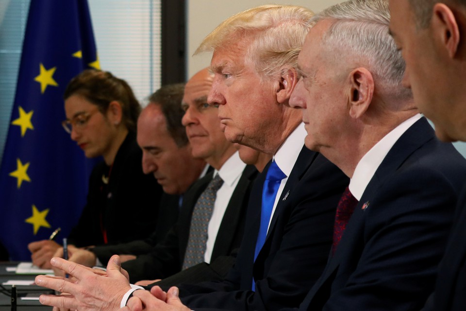 President Donald Trump sits with his delegation, including National Security Advisor H.R. McMaster and Secretary of Defense James Mattis during a meeting at the EU.