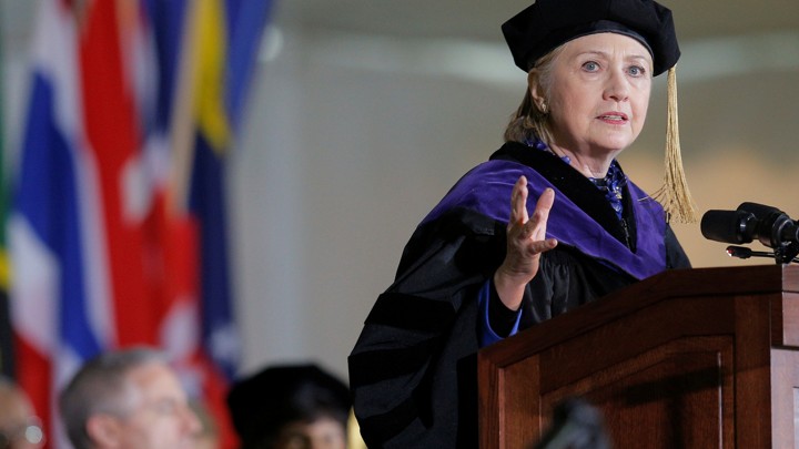 Hillary Clinton delivers the commencement address at Wellesley College on May 26, 2017.