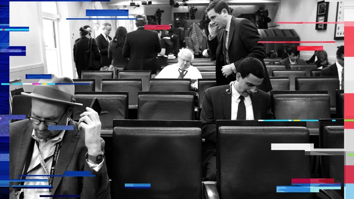 White House correspondents work in the briefing room in February 2017.