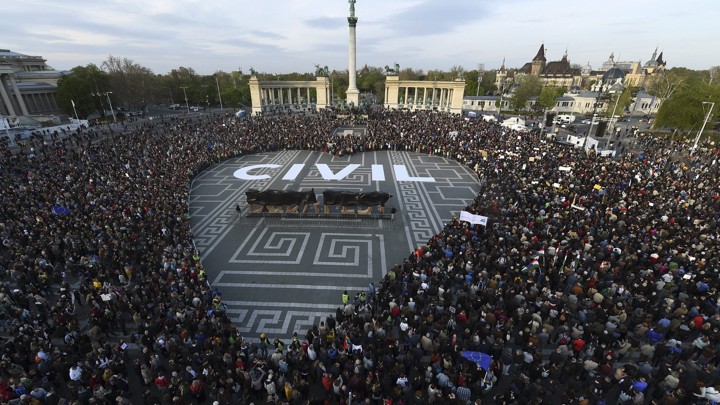 Demonstrators gather in Budapest’s Heroes Square to protest Hungary’s law regulating civic groups that receive foreign funding on April 12, 2017.