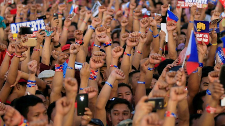 Supporters of Philippine presidential candidate and Davao city mayor Rodrigo Duterte in May 2016