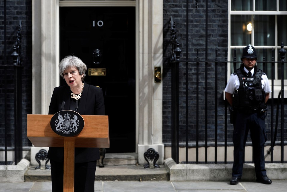 Britain's Prime Minister Theresa May speaks outside 10 Downing Street.