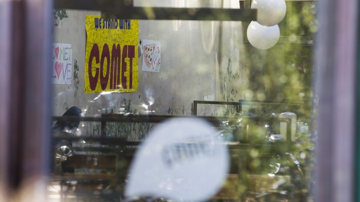 The front door of Comet Ping Pong on the day after the shooting.