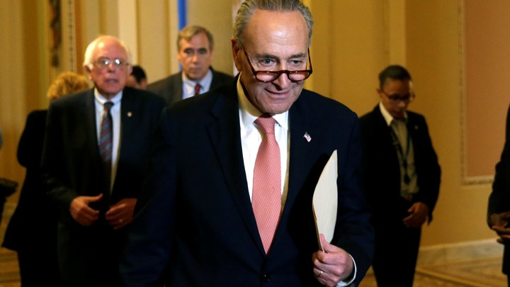 Schumer arrives to talk to media on Capitol Hill on May 23, 2017.