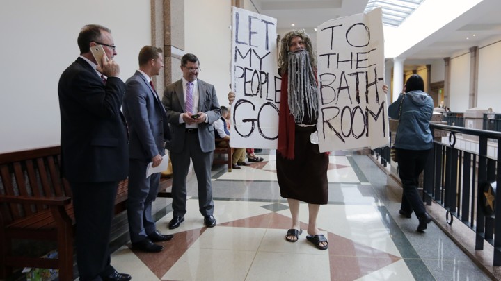 John Erler protests as the Senate State Affairs Committee begin hearings about Senate Bill 6 at the Texas Capitol, Tuesday, March 7, 2017.