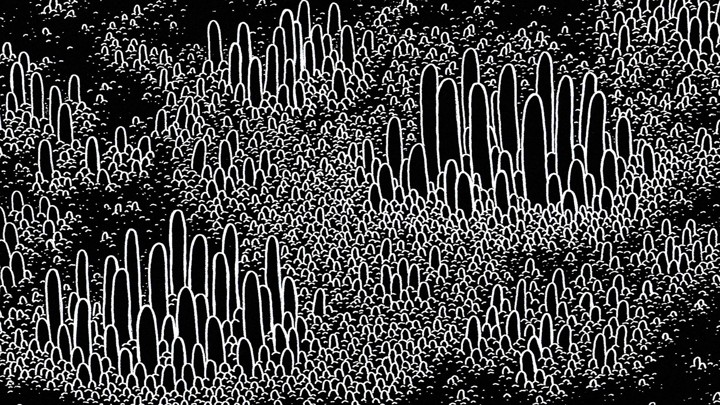 Black-and-white artist's imagination of a bacterial metropolis
